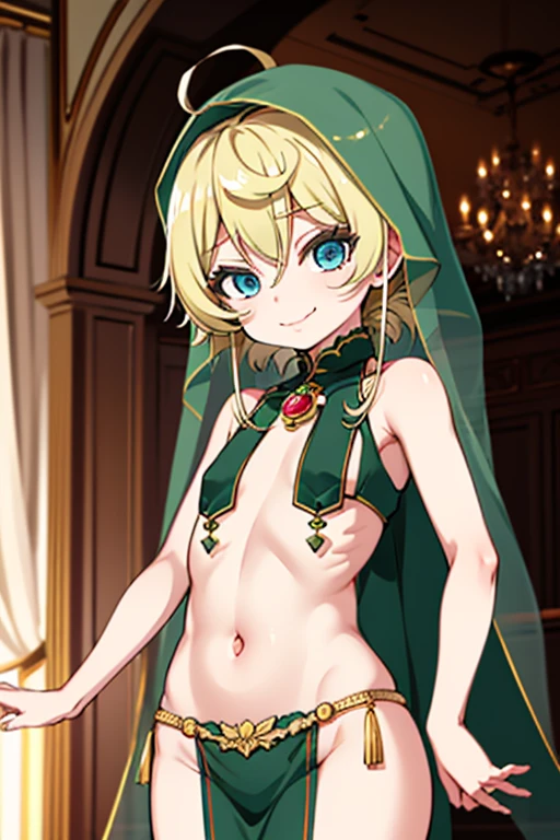(Masterpiece), Best Quality, ultra-detailed, 1girl (teles, lovely small breasts, naked body, jewelry, earrings, blonde hair, long hair, green ribbon, green eyes, empty eye), blank face, parted lips, solo, nude, naked cape, dark lighting,  in the cave, standing, 1boy (the wizard). Holding hand pov