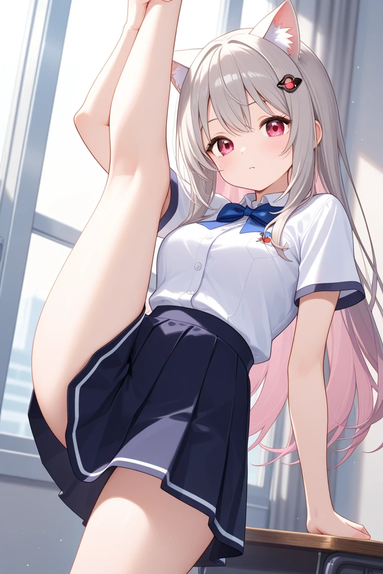 (highest quality:1.4)、High resolution、detailed background)、anatomically correct、attractive ass、 A close-up from a low angle highlighting the buttocks、Super close-up shot from directly below、Beautiful girl looking back、Sexy sheer high leg panties、Ultra-detailed panty seams、cameltoe、See-through sailor suit、classroom、cold eyes