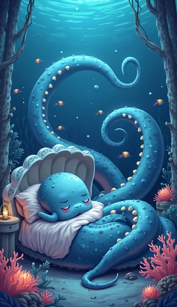 cute sleeping chthulhu,(human body,head of octopus with tentacles, claws), the dark and mighty beeing known from stories of h.p. loovecraft and his necronomicon, lying sweet dreaming on a pillow with his red-striped pet cat surrounded by stuffed animals and toys.the scene is totally absurd and full of color, Detailed and Intricate, Anime, Concept Art, Fantasy, Ink, Pastel Art, Funny, Happy, by Artgerm, by HP Lovecraft, by masamune shirow, by hyung-tae kim, Digital Art