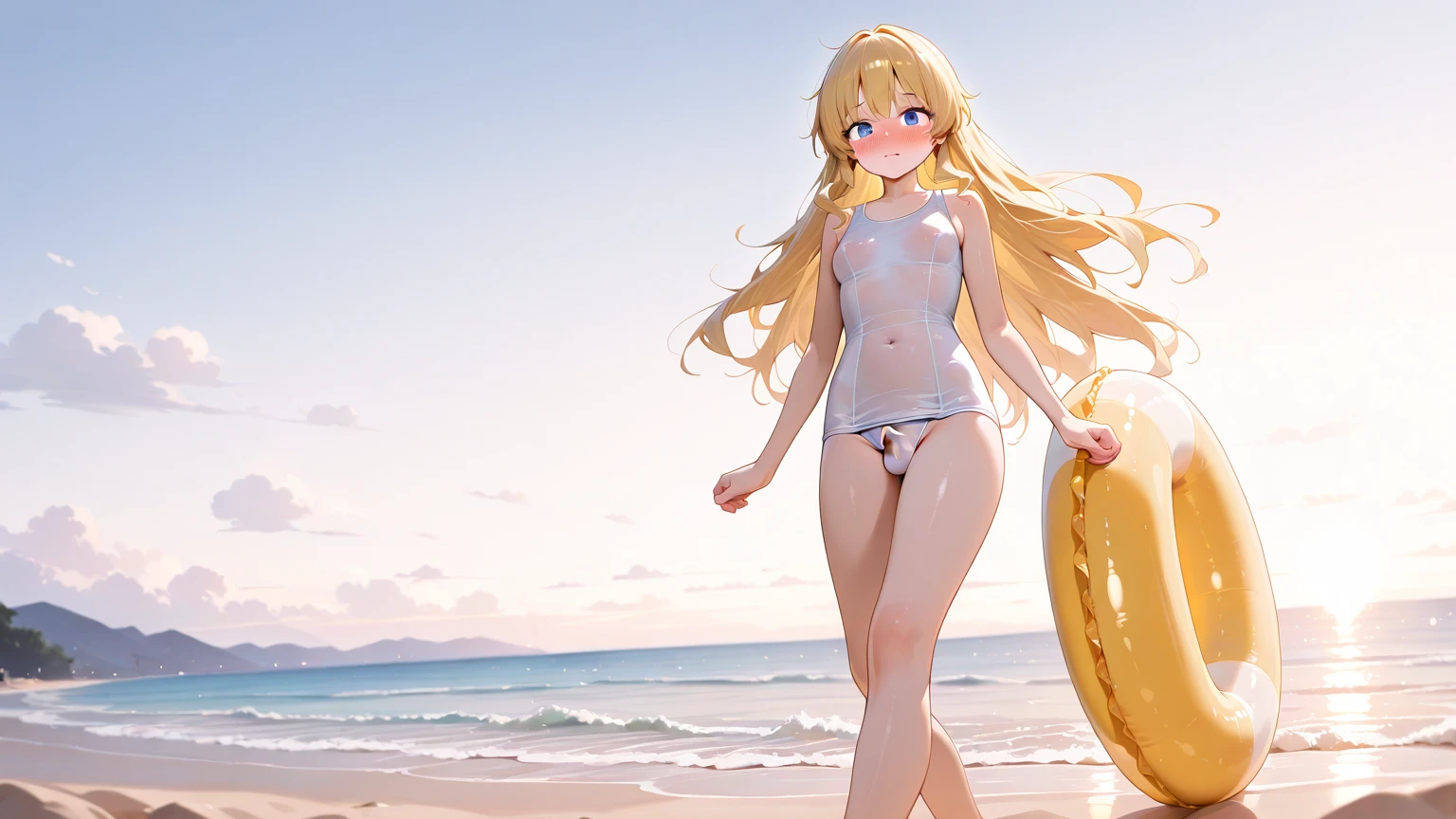 (Highest quality、Very detailed、Ultra-high resolution) 、(1 girl、17 years old、Mature), blue eyes、smile、((Blonde))、Semi-long hair、Large Breasts、summer、Ocean、blue sky、Orange Bikini、whole body, from behind, from below, hip focus