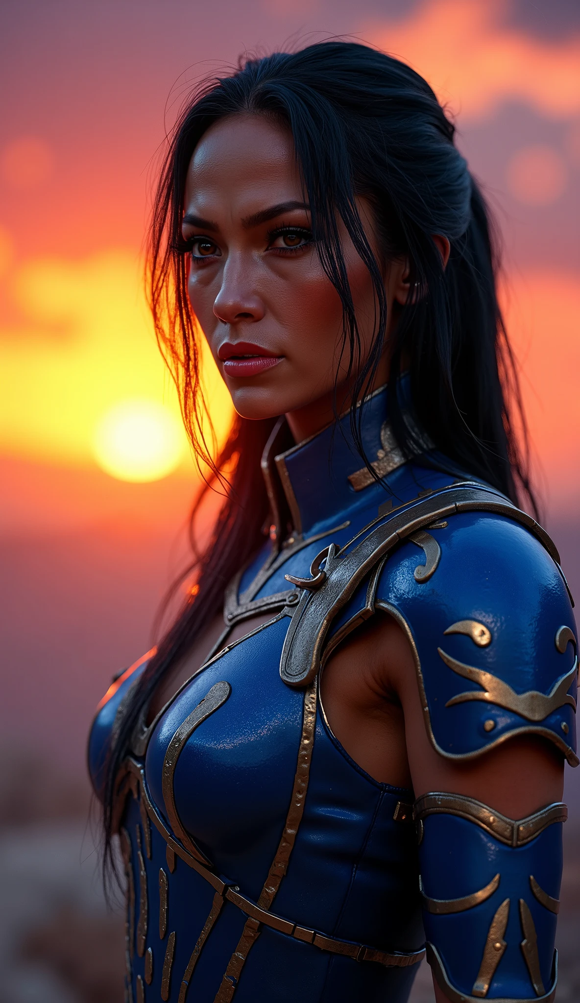 Kitana realistic sunset style
Realistic version, with evening light in the background.
blue and silver armor , natural human face .
Calm and strong expression, very faithful to the cinematic concept.