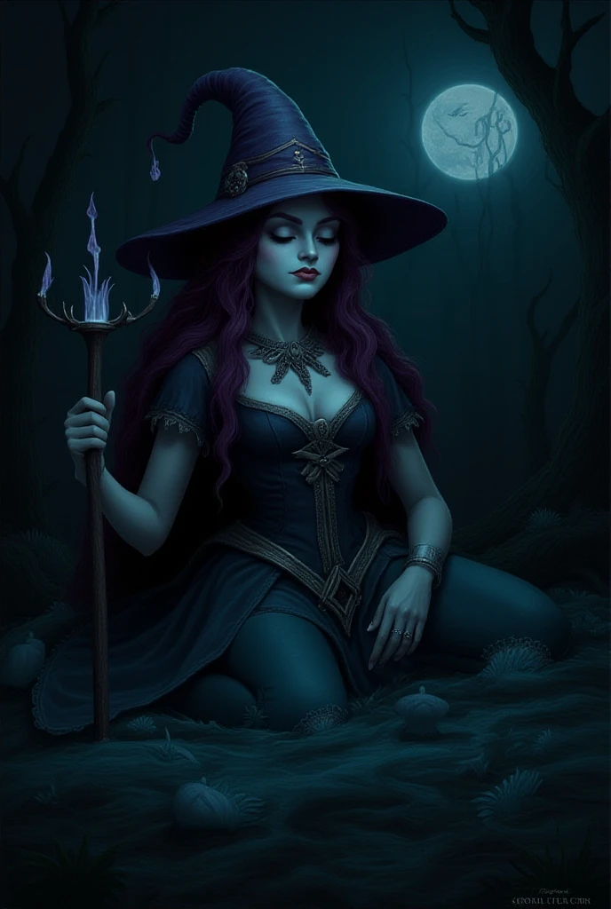 a 200-year-old witch with long black hair,a powerful villain,magic flowing from her hands,dark mysterious aura,eerie green glowing eyes,tattered black robe,skeletal fingers,gnarled hands,haunting atmosphere,dramatic lighting,cinematic composition,dark fantasy,supernatural,highly detailed,photorealistic, big breasts, sagging breasts, belly button, "looking at the viewer", "front view", "creepy witch hut"