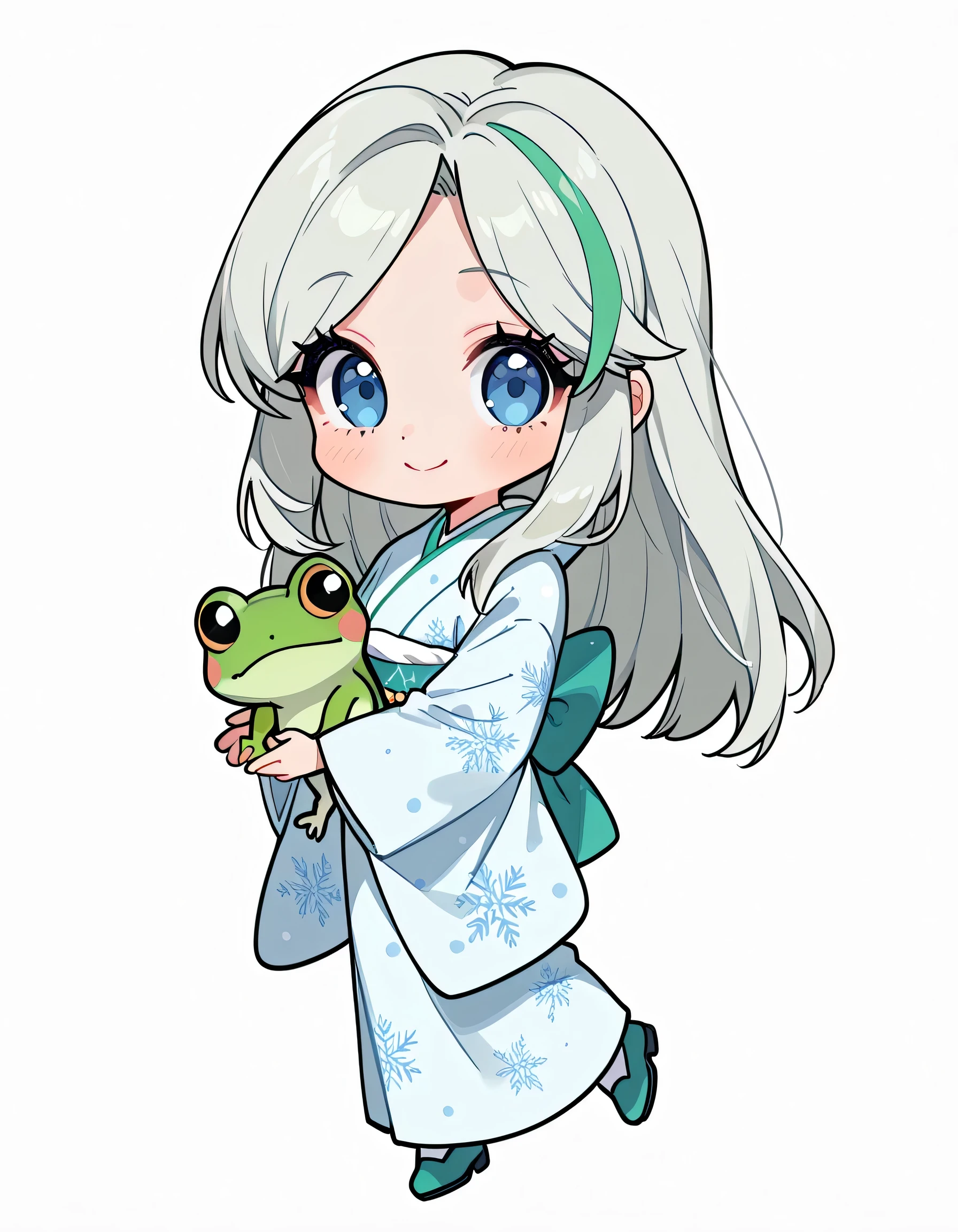 sideview,(chibi,fullbody),(((with cute green frog))),(looking at viewer),solo,upperbody,(pokemonmelony), blue eyes, eyelashes, tareme,long hair, multicolored hair, streaked hair, grey hair,japanese pastel blue Snowflake print kimono,white background,smile,
