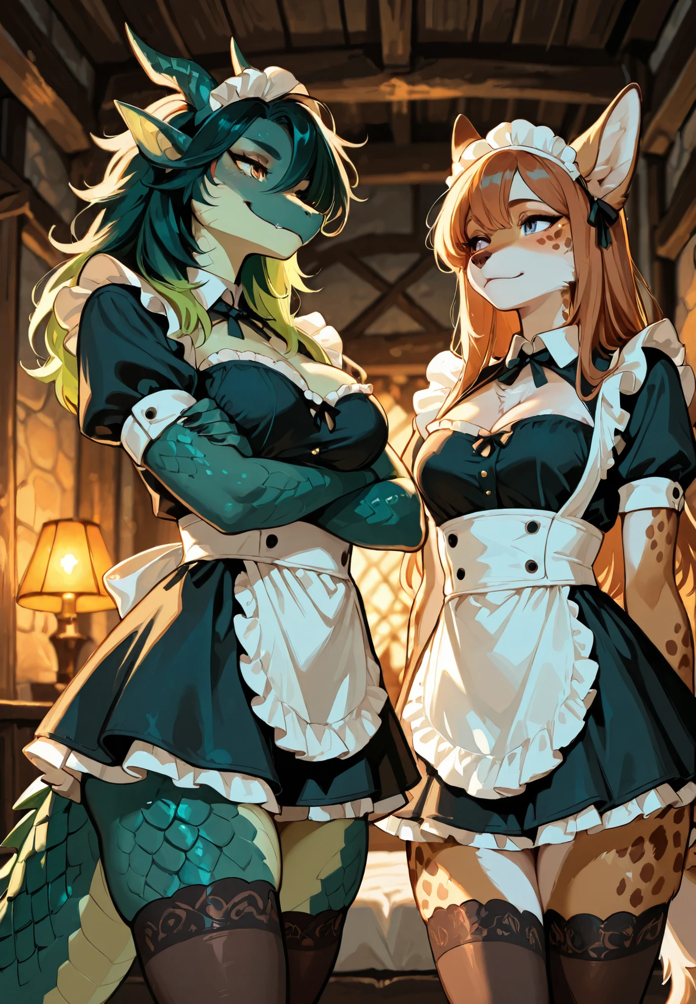 Source_furry, 2 girls, (girl 1 is a Furry jackal girl(brown fur with spots)) , (girl 2 is a dragon girl (green scales)), spots, fluffy fur , naturally sagging , anthro,  pose , alluring atmosphere, medieval inn, bedroom, maid outfits, short skirts, cleavage, thigh highs, cinematic lighting and shadows , BREAK, masterpiece,top quality,warm color,high resolution,high fashion,absurdres extremely,vivid colors,intricate details,best quality,amazing quality,very aesthetic,newest,ultra-detailed,nsfw,