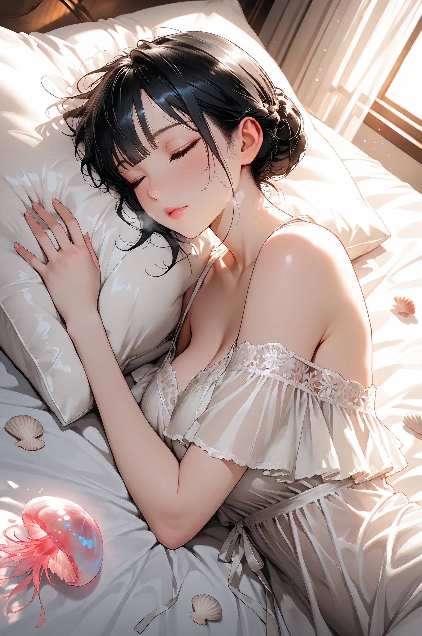 masterpiece, best quality:1.3, 1girl, medium hair, black hair, blunt bangs, white long dress, sleeping inside coffin , transparent colorful vinyl clothing, detailed face, close eyes, beautiful detailed lips, long eyelashes, delicate facial features, expressive face, detailed skin texture, natural lighting, vibrant colors, cinematic lighting, soft focus, highly detailed Bestquality,masterpiece,transparentcolorPVCclothing,transparentcolorvinylclothing,prismatic,holographic,chromaticaberration,