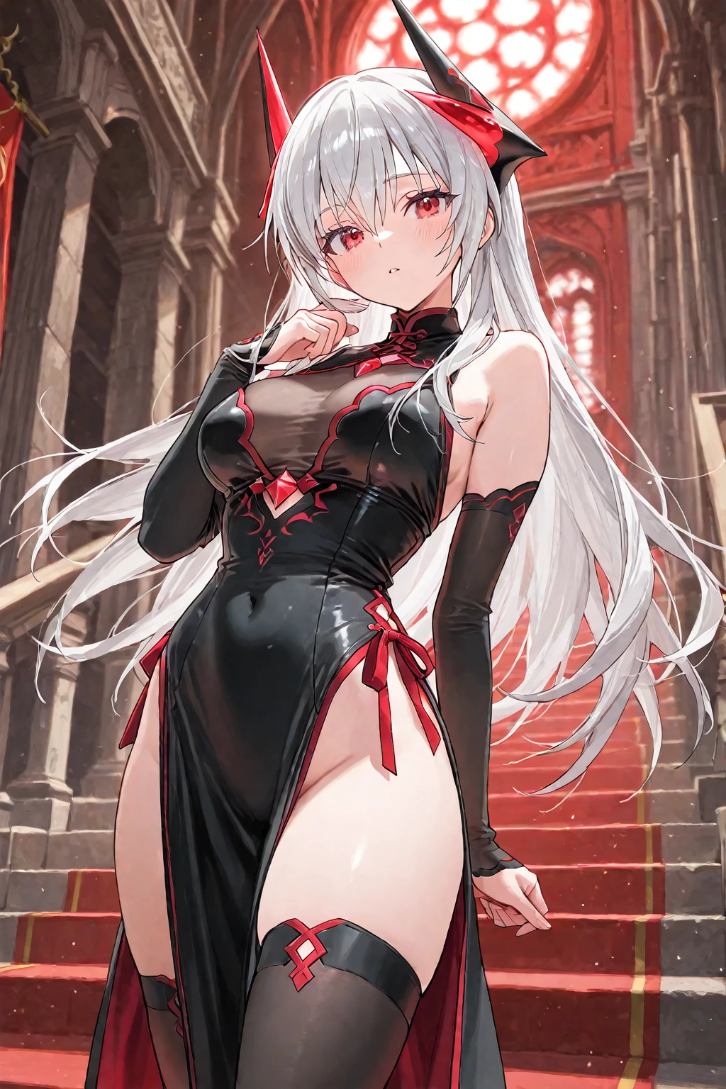 (masterpiece, top quality, very aesthetic, 4k、illustration), intricate detail, 1woman,solo,contrapposto 、Strong glowing eyes、,(upper body)、grin、(bdsm、Erotic),beautiful face、(gradient hair)、multicolored hair,hair ribbon,middle hair,sidelock ,red eyes、Drug Queen、dominatrix、medium breasts、slender 、