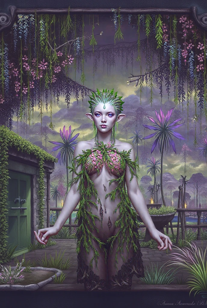 Realistic, Photorealistic, Masterpiece, RAW photo, full-length portrait, Beautiful Alien Woman With Lots Of Purple Hair, On a distant fantasy planet, Cosmic landscape, Cute sexy, Highly detailed, scifi aesthetic, Fantasy Aura, Unearthly vegetation, HDR, intricate details, realistic face and eyes, hyper-detailing, Author: Giger, Cinematic, Depth of field, rim light