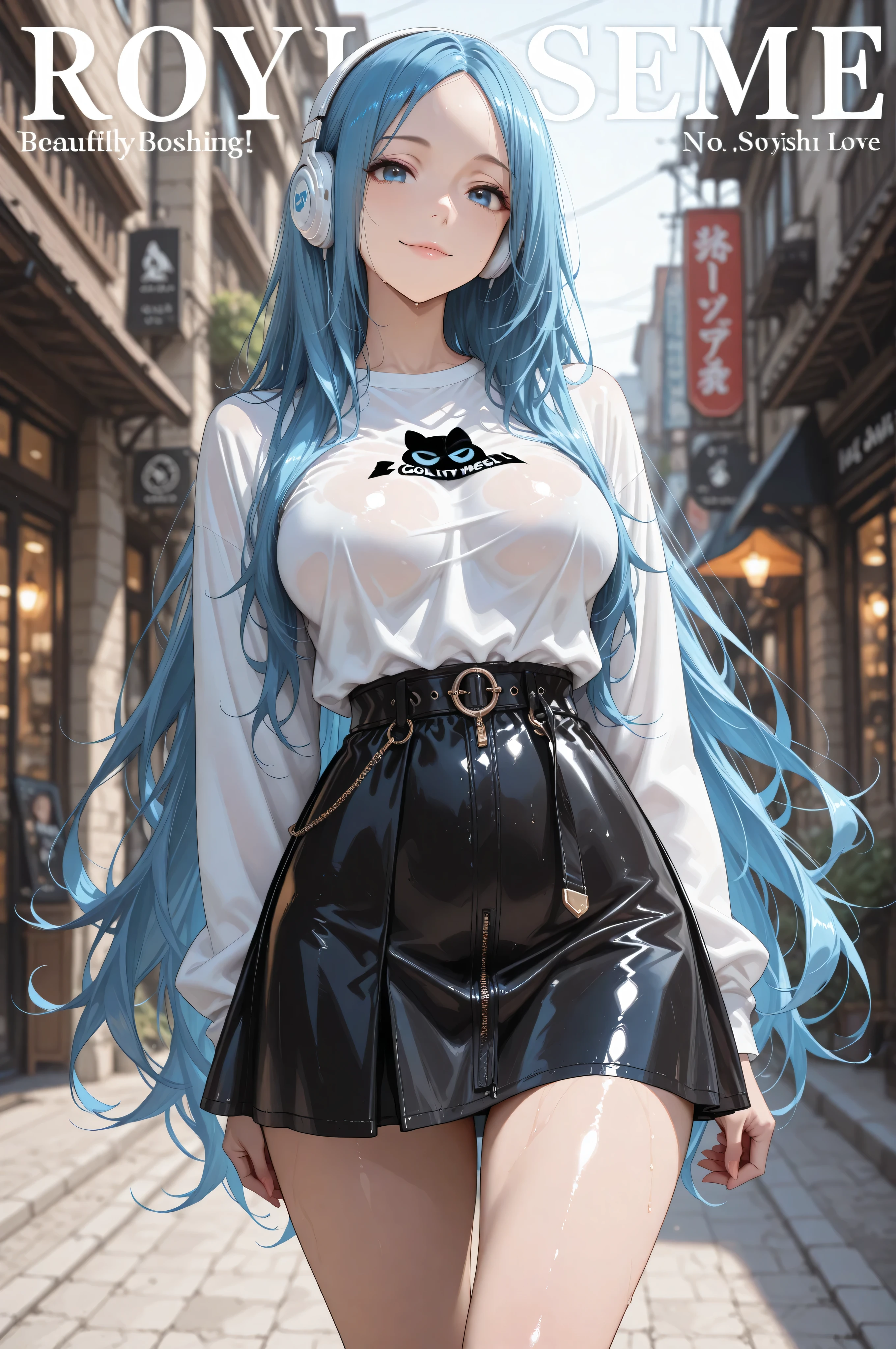 tmasterpiece,2 girls,独奏,long whitr hair,blue hairs,sun glasses,mob cap,the street,hand on hips,Beautiful breasts,beautifullegs,Long-legged royalty,Ultramammy,black long pants,Black high heels,Lori huge breasts cleavage,