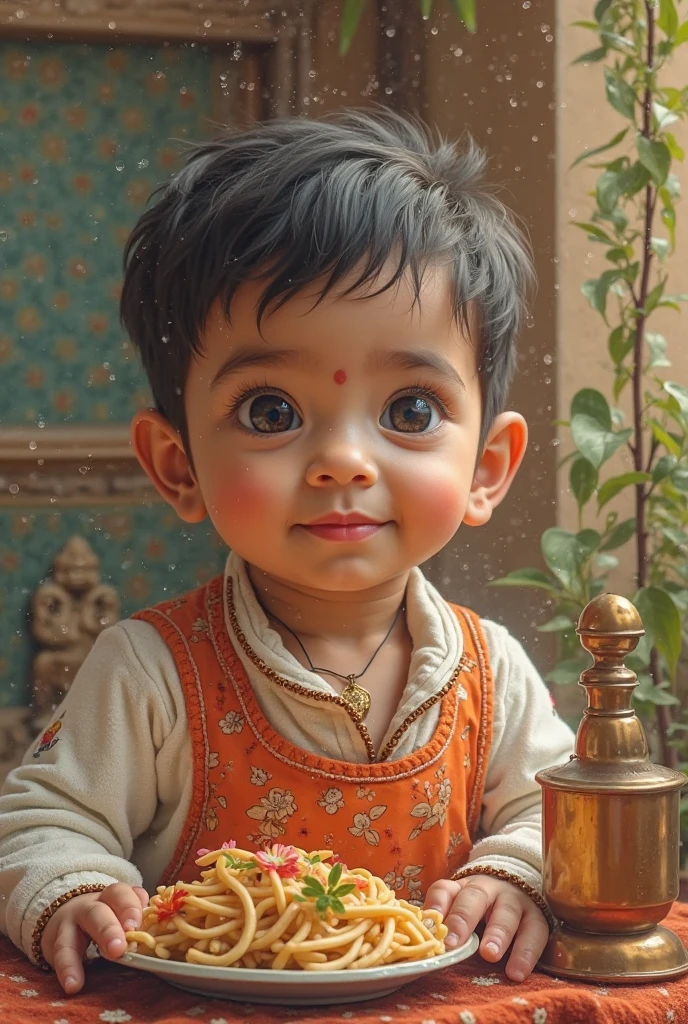 A beautiful Muslim child wearing Pakistani dress sitting on a bench in a garden with one finger on the side of his head thinking something.