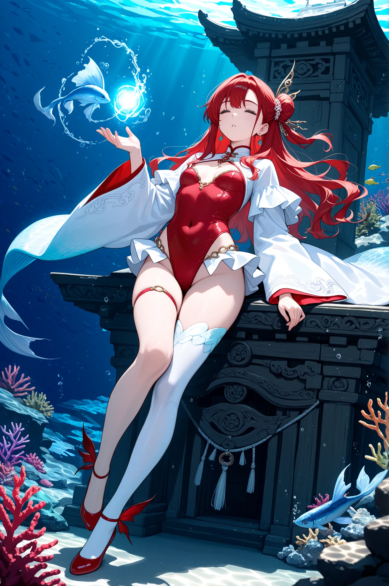 1girl, solo, erza scarlet, fairy tail, red hair, brown eyes, dress, long hair, breasts, underwater, cleavage, bubble, white dress, air bubble, jewelry, large breasts, earrings,full body