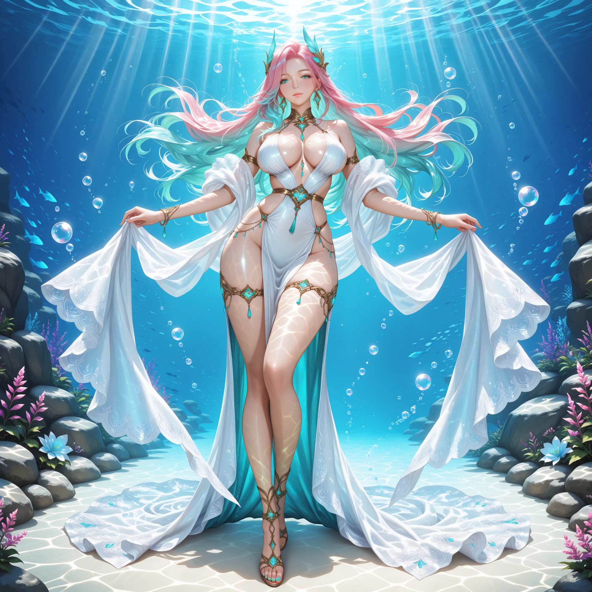 1 woman in a mint green dress with pink hair standing in a river, uma bela imperatriz de fantasia, deusa anime, ((uma bela imperatriz de fantasia)), deusa da natureza, deusa bonita, Atlantean mystical valkyrie, fantasia linda, deusa da beleza, goddess of summer, bela fada adulta, estilo de fantasia vibrante, majestosas, fantasia xianxia