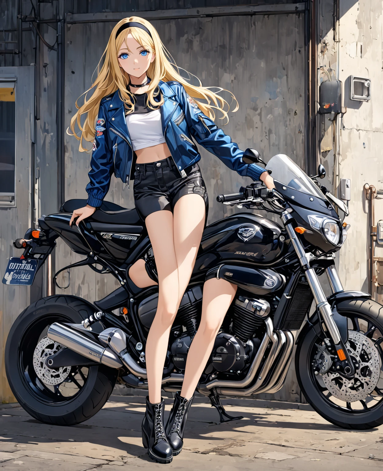 1girl, desert background, on the road, small smirk, running, masterpiece, best quality, highly detailed,((denim shorts,blue denim shorts,tight shorts, micro, tight denim)),((leather jacket, black jacket, oversize jacket)), ((white shirt,skinny shirt,thighhighs,white thighhighs)),((Leatherboots, militaristic boots, black boots)), curly hair, blond hair, ((full body:1.5)), ((leaning on motorcycle))