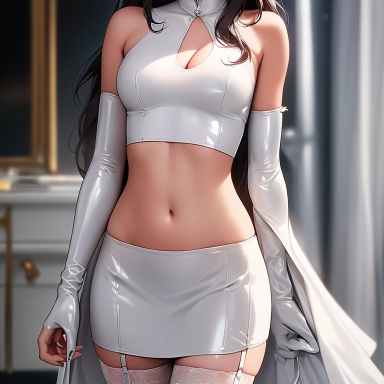 Nsfw, gorgeous girl in sexy standing, ((hair slicked back, long hair,)), full body, detailed face, perfect body, large perfect breasts, large blue eyes, shiny red lip gloss, perfect body, team rocket ,team rocket uniform ,white skirt,crop top,thighhighs,elbow gloves, masterpiece, highres, ((plain background:1.3))