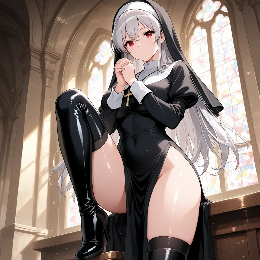 (masutepiece,Best Quality,8K),(extremely detailed CG1.1),1 girl,A smile,large boob,livingroom,(From below:1.2),Summer light,Intricate details , Hyper realistic, Perfect Anatomy,white  hair,Yellow mesh,(((length hair))),Twin-tailed,hair slicked back,(((nun))),kindly smile