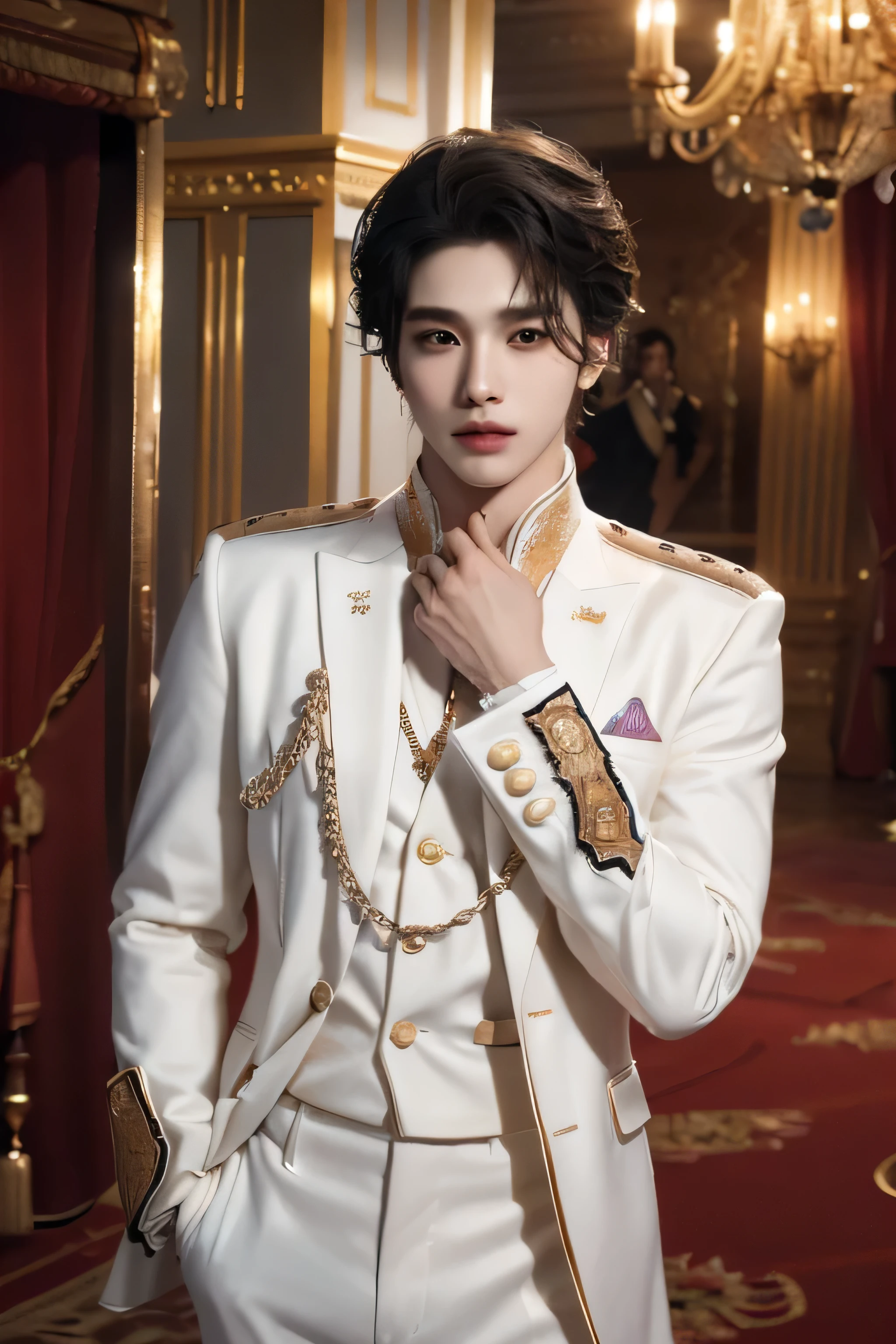 ((highest quality, 8K, masterpiece: 1.3)), live music concert stage background with spotlights, Handsome boy in k pop model outfit, ((25-year-old man)), well-groomed face, black hair color, thin face, (white skin:1.5), black eyes, Super handsome, sexy eyes, Extra-fine face, handsome nose, small eyes and face, High resolution, detailed mouth, super slim, ((super popular k pop model)), ((wearing white royal prince outfit with gold)), white pants with gold buckle, standing in a ballroom