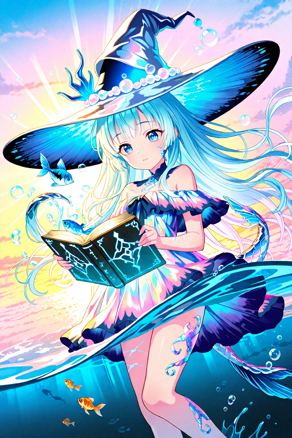 anime style, beautiful sea witch, drifting half-asleep just beneath the ocean surface, sunlight streaming through gentle waves above, partially submerged magical hat, iridescent scales on skin, hair flowing weightlessly, dreamlike transparent ribbons swirling around, holding ancient spellbook with water runes, playful small fish and bubbles, soft pastel color scheme, ultra high resolution, enchanting and mysterious