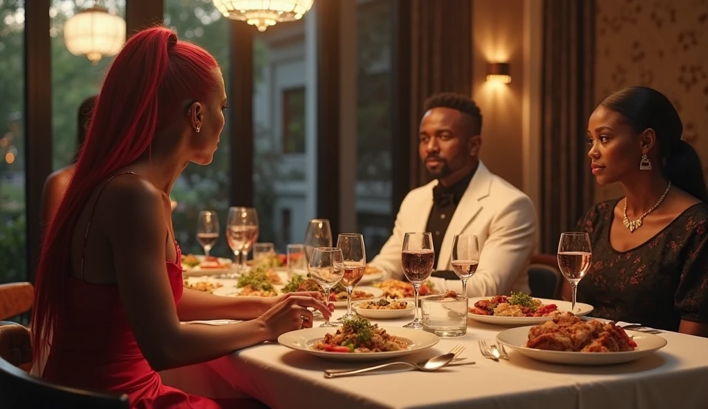 filmgrain, photographed with a Sony a9 II Mirrorless Camera, analogue style, Beautiful, Masterpiece, Best quality, aamari, A black woman dressed elegantly, a color, Happiness is looking at the camera, Background restaurant, The man waiter was serving her fried chicken and watermelon，Sad in the background, very dark skin, Extremely detailed face, Bust Up Shot, Perfect lighting
