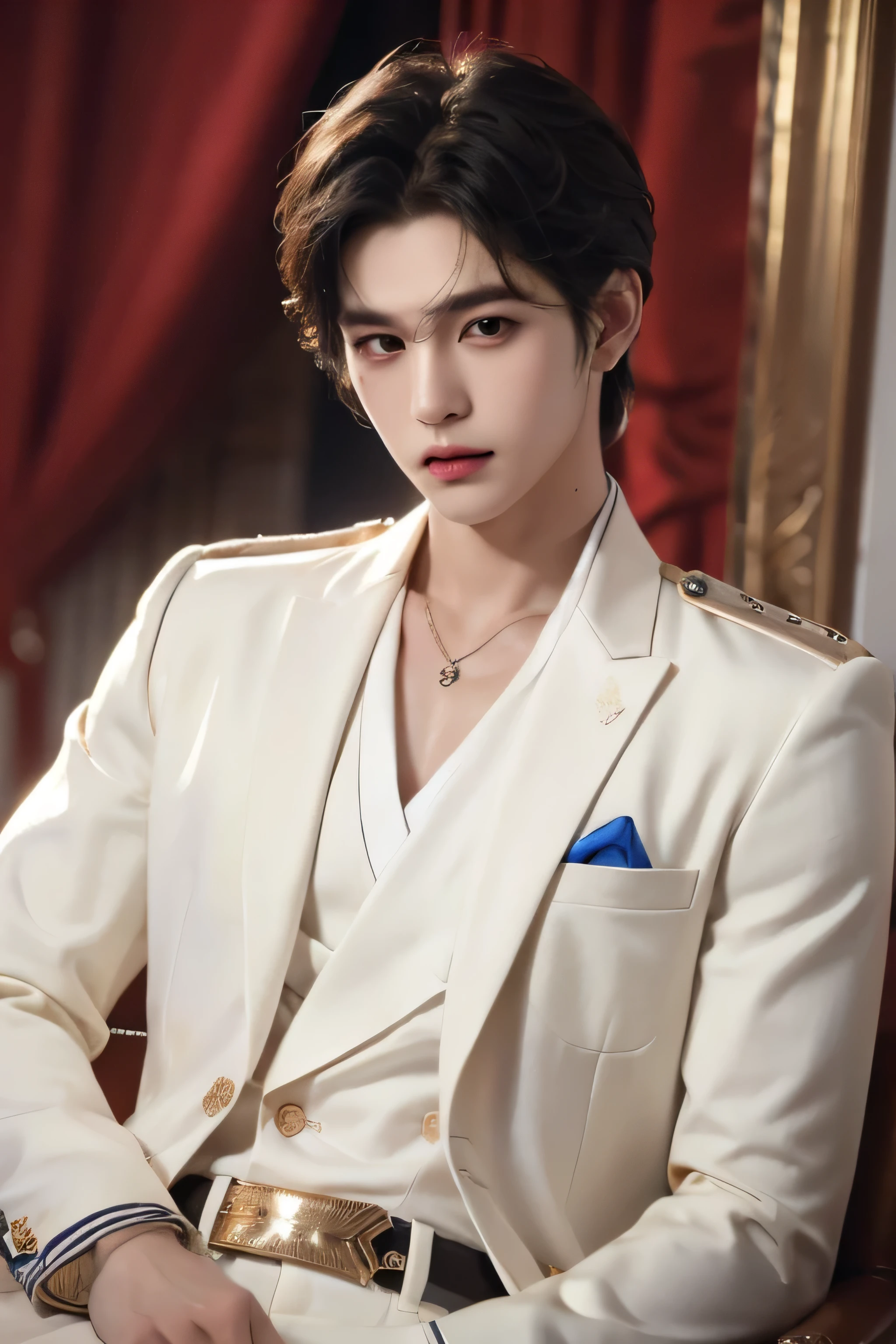 ((highest quality, 8K, masterpiece: 1.3)), live music concert stage background with spotlights, Handsome boy in k pop model outfit, ((25-year-old man)), well-groomed face, black hair color, thin face, (white skin:1.5), black eyes, Super handsome, sexy eyes, Extra-fine face, handsome nose, small eyes and face, High resolution, detailed mouth, super slim, ((super popular k pop model)), ((wearing white royal prince outfit with gold)), white pants with gold buckle, standing in a ballroom