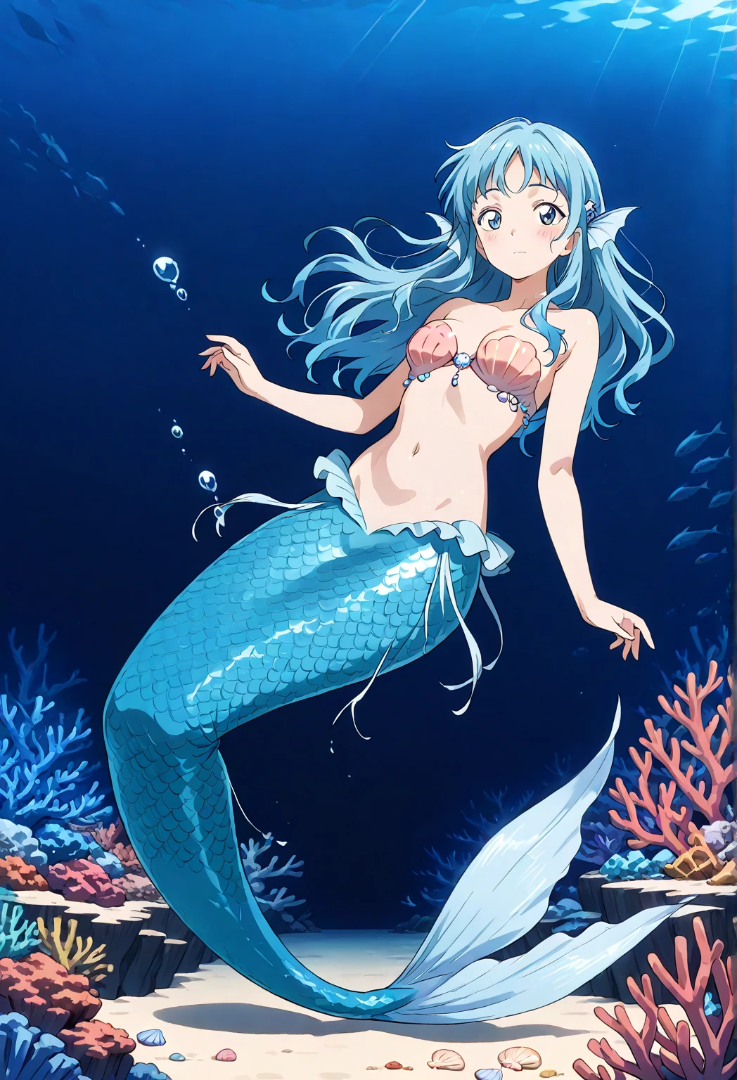 Light blue long hair、Twin-tailed Mermaid、Cute Mermaid、In the sea、Beautiful fish、Dolphin