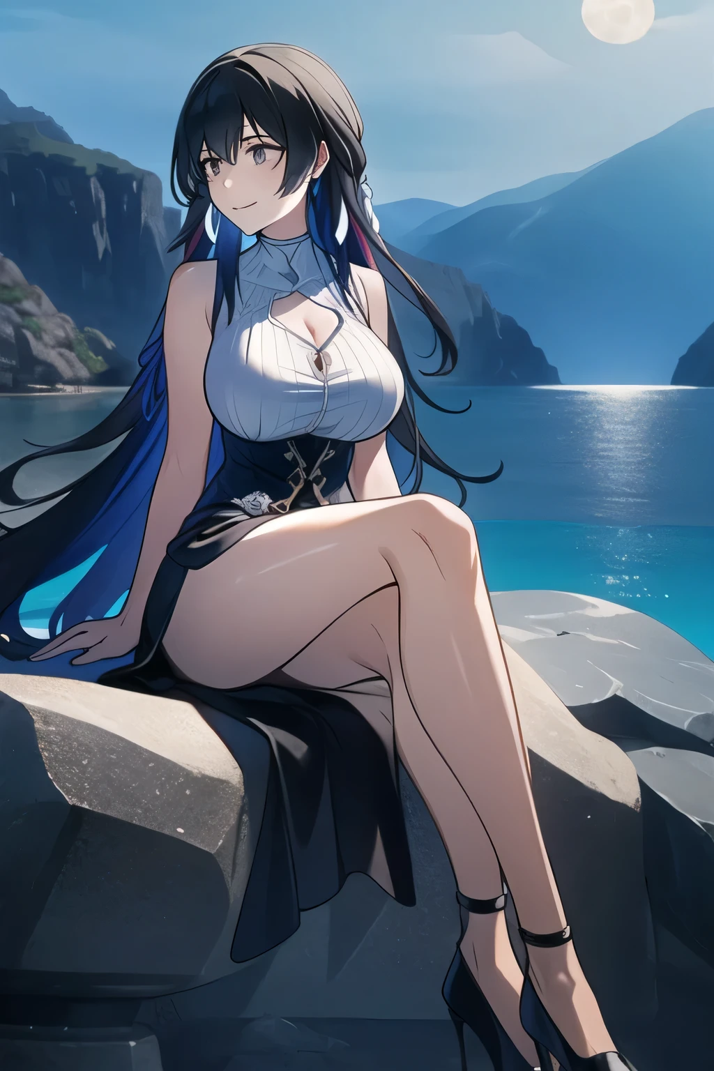 (masterpiece, best quality), ((1girl, solo, long hair)), Ishmael_limbus, innocence expression, bare arms, bare shoulders, bare neck, watercolor, sundress, liquid clothes, water, waves, water dress, blue_theme, night, mist, dark, sharp focus, sea, see-through dress, black hair, (nsfw:1.5), black hair, Hancock from One Piece, bath, Boa Hancock, (nsfw:1.5)