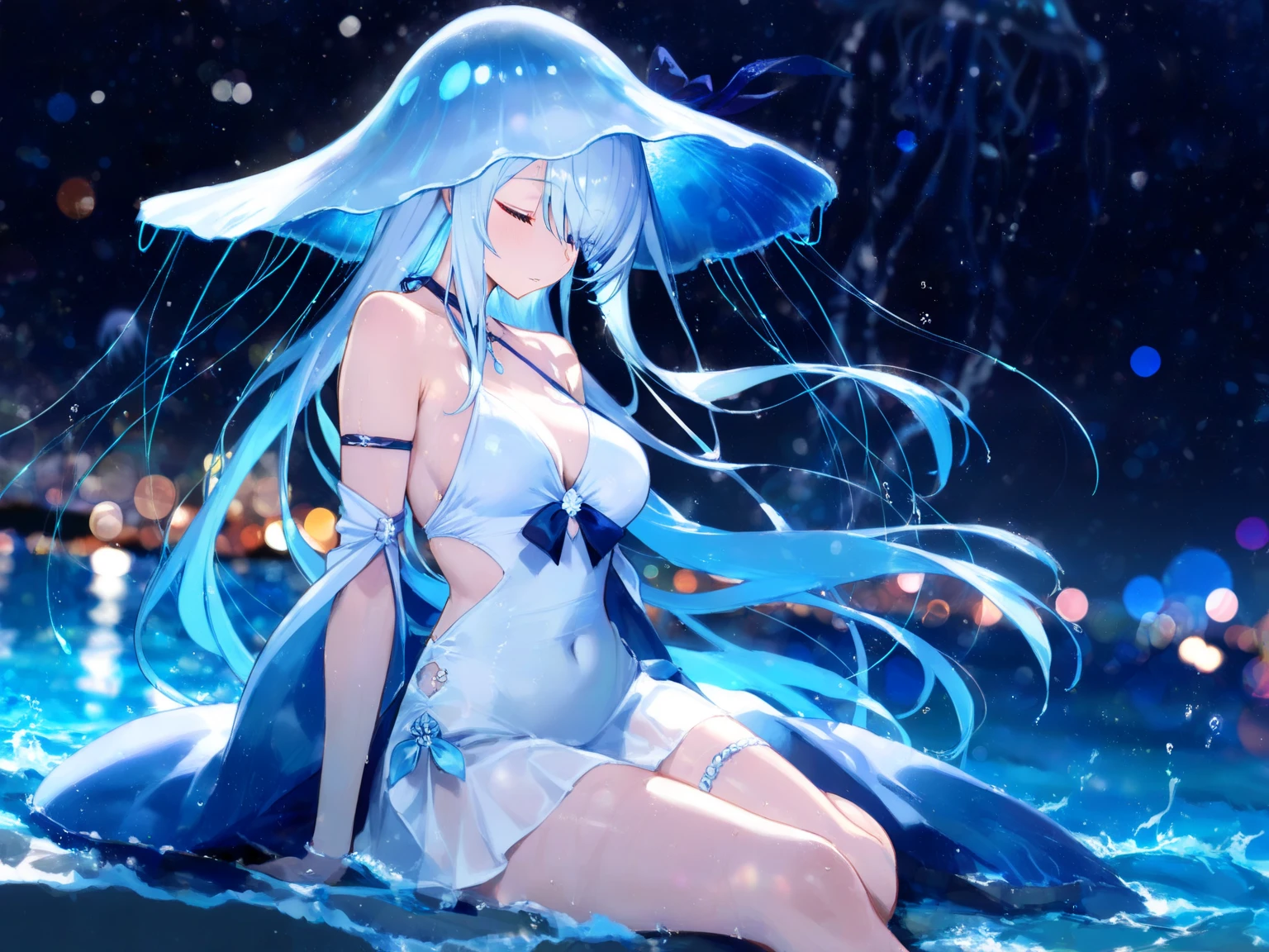 Night sky Shiny Blue full moon Blue beach blue stars
