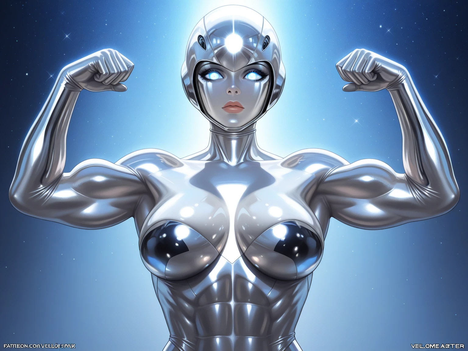 8k ((view from behind:1.4)) (large eyes:1.3), defined cheekbones, looking back, ((the pit style:1.4))((bubblebutt:1.4))((woman has no face, ((sleek chrome bodysuit:1.6)) (detailed face:1.5), lightblue skin,(puffy lips:1.5) (lightblue skin:1.6), (bald woman:1.7), (skinhead) ((stands confident)),(Muscular:1.3), ((gigantic breasts:1.5)) ((back view:1.2)), )highly detailed, majestic, digital photography, art by artgerm and ruan jia and greg rutkowski, ((metal wings on back)), (masterpiece, sidelighting, intricate details, black and blue color palette