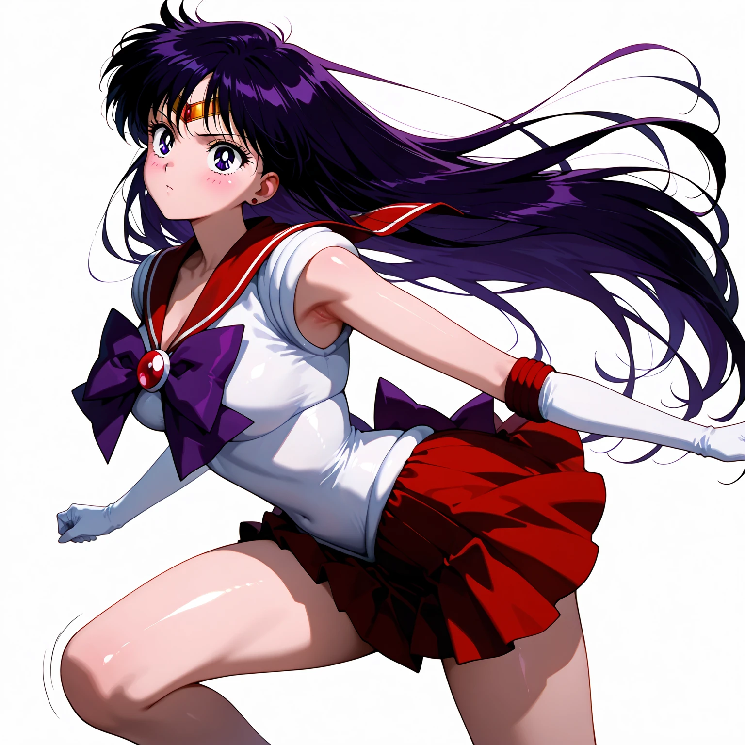 masterpiece, best quality, highres, sama1, tiara, sailor senshi uniform, white gloves, red sailor collar, red skirt, star choker, elbow gloves, pleated skirt, bare legs, purple bow, <lora:sailor_mars_v1:0.7>,1990s \(style\), smile,high heels,