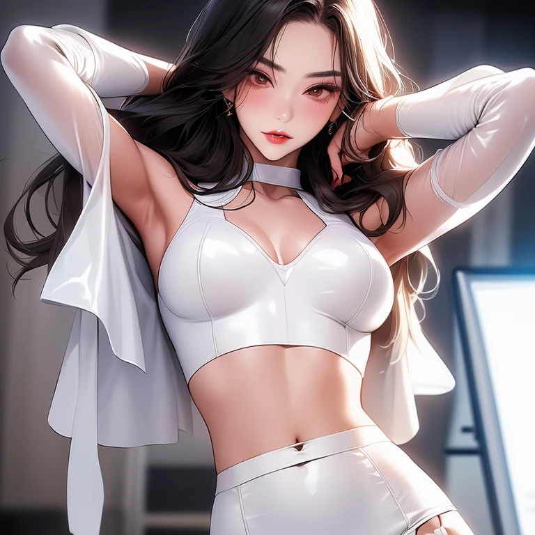 (Master Masterpiece: 1.2), Best Quality, High Resolution, Original, , Very detailed wallpaper, Perfect lighting, (Very detailed CG: 1.2), ((bare pubic hair: 1.5)), no panties, ((transparent clothes: 1.2)), full body, pantyhose, no bra, photorealistic realism, ((Cameltoe: 1.5)), 8k, perfect artwork, ultra-detailed rendering, highest quality, high resolution, detail madman, realistic eyes, HD, high quality, delicate face, detailed body limbs, 1 girl, solo, sleeveless clothes, sleeveless shirts, fishnet clothes, dark lips, Unzipped jacket, bare breasts, blush, highlight, superb breasts, superb figure, flesh, tinted, transparent clothes, skinny, open pants, slim,