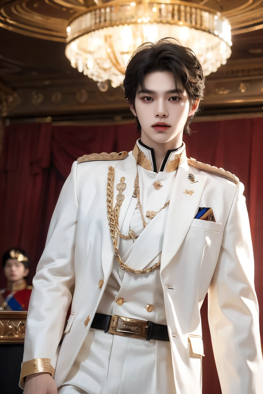 ((highest quality, 8K, masterpiece: 1.3)), live music concert stage background with spotlights, Handsome boy in k pop model outfit, ((25-year-old man)), well-groomed face, black hair color, thin face, (white skin:1.5), black eyes, Super handsome, sexy eyes, Extra-fine face, handsome nose, small eyes and face, High resolution, detailed mouth, super slim, ((super popular k pop model)), ((wearing white royal prince outfit with gold)), white pants with gold buckle, standing in a ballroom with one hand in the pocket