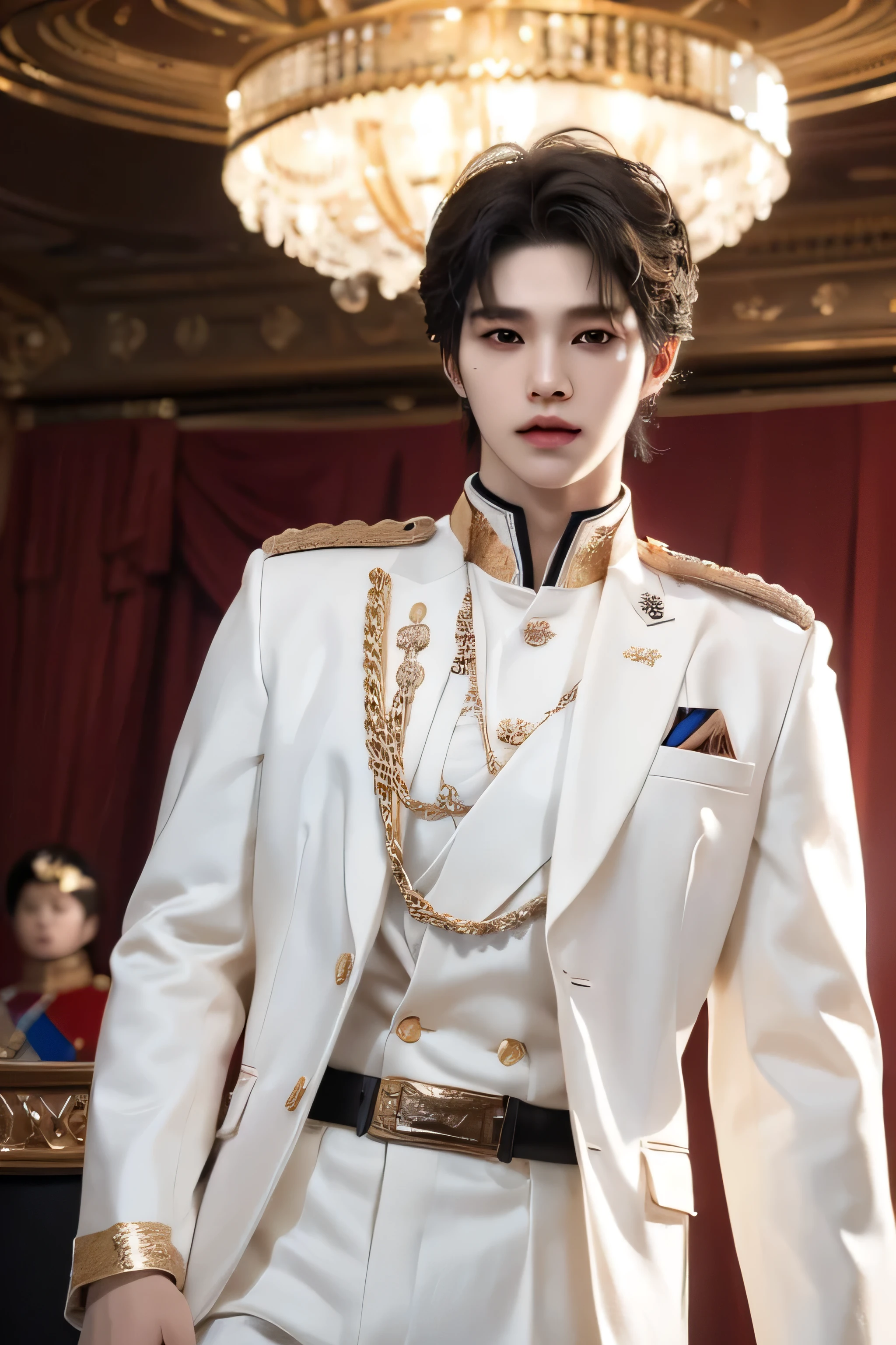 ((highest quality, 8K, masterpiece: 1.3)), live music concert stage background with spotlights, Handsome boy in k pop model outfit, ((25-year-old man)), well-groomed face, black hair color, thin face, (white skin:1.5), black eyes, Super handsome, sexy eyes, Extra-fine face, handsome nose, small eyes and face, High resolution, detailed mouth, super slim, ((super popular k pop model)), ((wearing white royal prince outfit with gold)), white pants with gold buckle, standing in a ballroom with one hand in the pocket