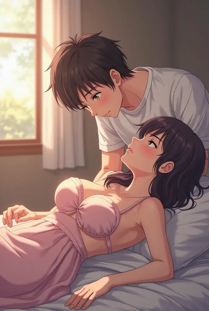 "Aerial view of a hotel bedroom", With beautiful real-life quality、Create perfect facial expressions and body details, A beautiful, slim, small, big-eyed Japanese junior high school girl who helps out at a resort hotel.、Showing a fat, grinning old man to his bedroom., Junior high school girls are wearing braless school uniforms、I lay on my back on the bed crying from nervousness.、I am holding out my student ID to the man., The fat man was grinning.、Caring for a girl