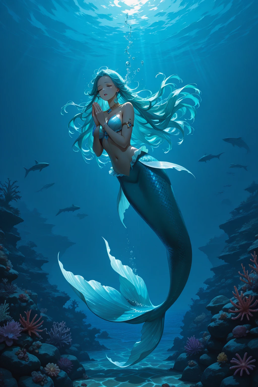 Fish,mermaids,Swim under the sea,Autumn leaves fall into the water,Autumn,poster for,Undersea elements,Underwater world,Mermaid princess