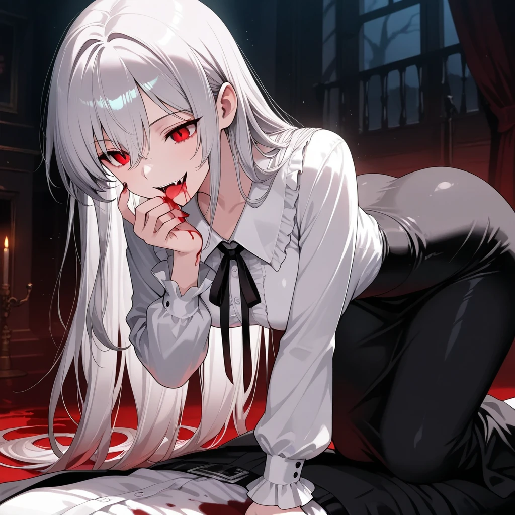 "Epic dark atmosphere, stunning 4k artwork featuring a mature woman with confident long white hair and her two closed eyes with gently smile, she wear white dirty coat, and sit on floor, she blood crying, but still smile gently. Her face full of blood"