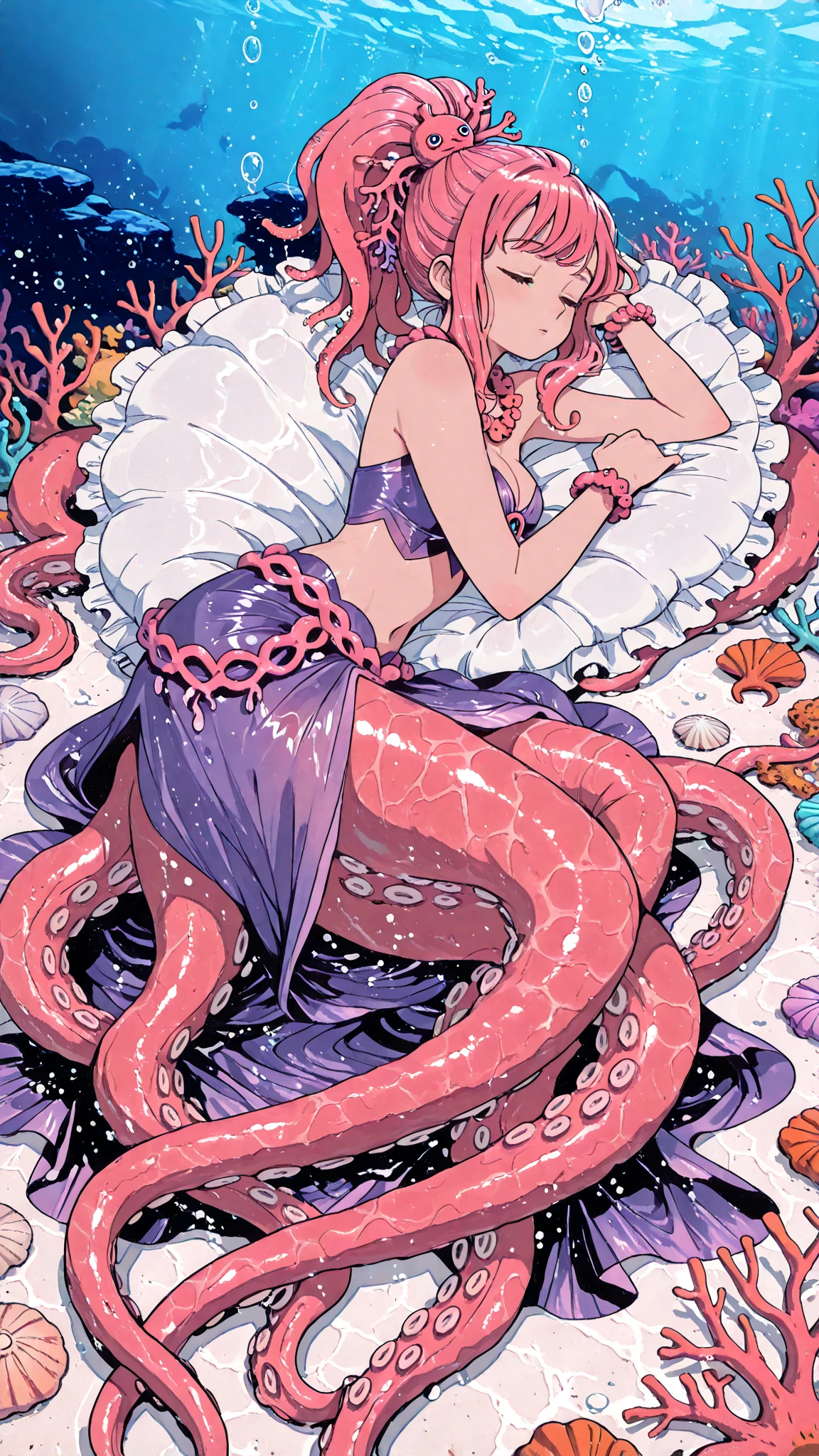 dark skinned giant octopus lay on old couch, multi many eyes, fractal tint tentacles, smooth shiny colorfully skin, lots of stuffed gems and various clutter and mess in background, intricate, highly detailed