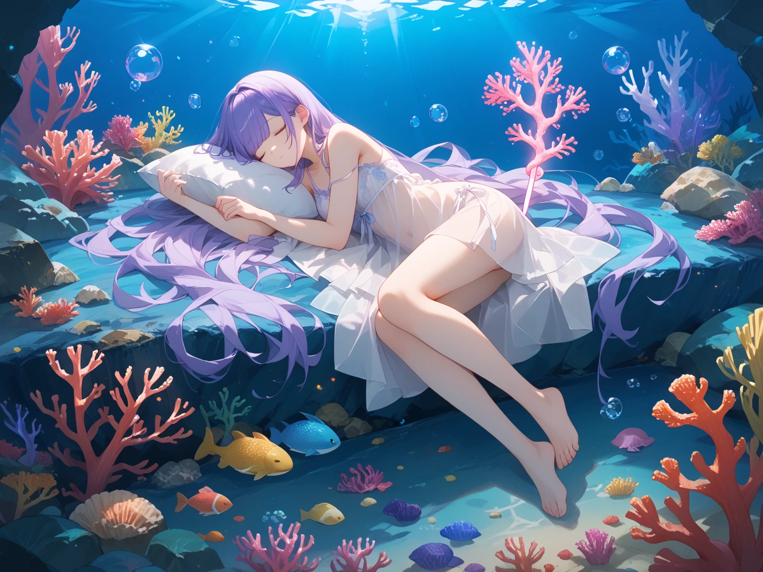 Sleeping girl, 22 years old, vista, realistic, sleeping on a crystal bed in the underwater water, she is wearing long pants, pink pajamas, brown hair, the sea is deep, the water is clear, bubbles.