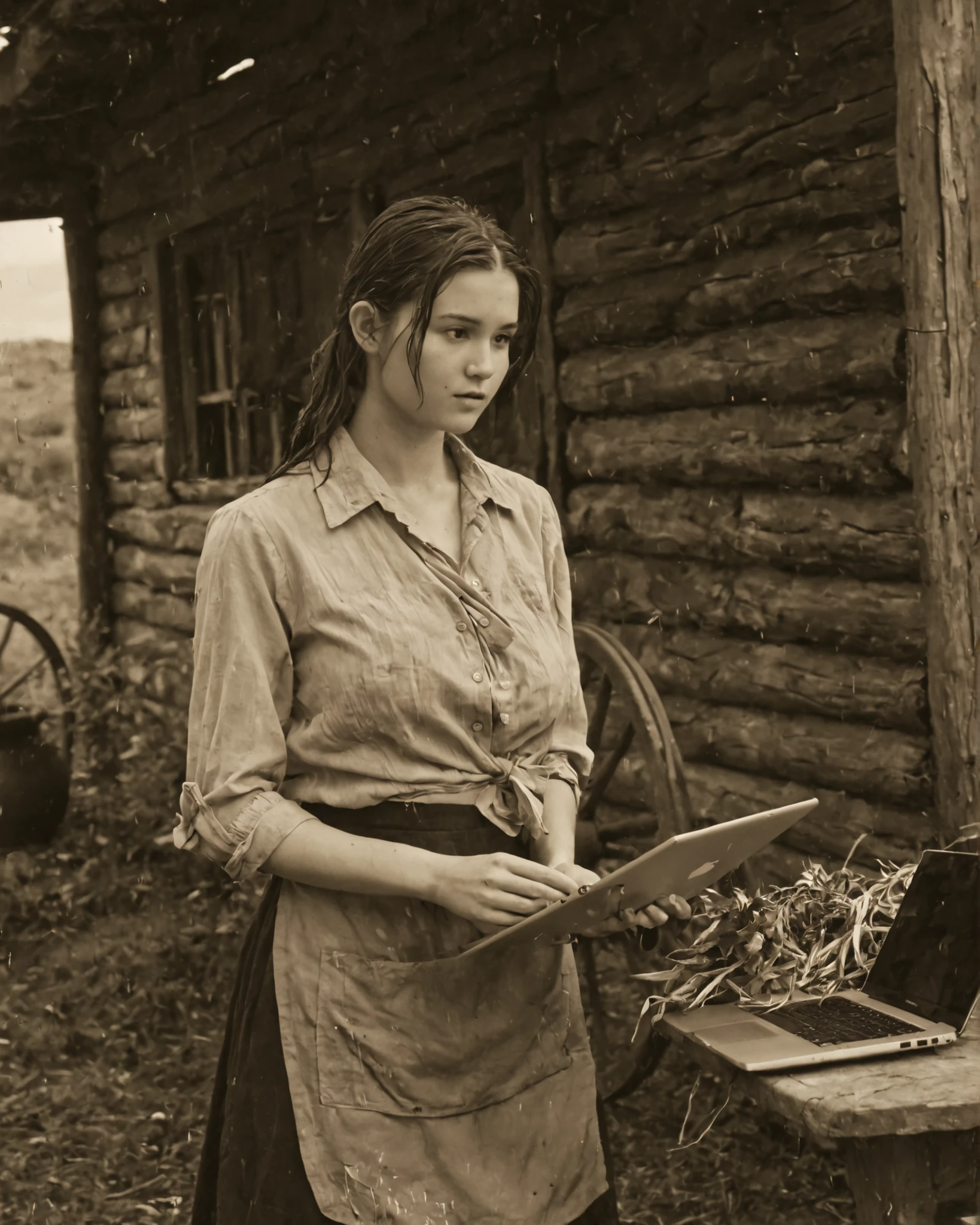 Main subject: modern young adult woman holding a MacBook (sharp modern laptop emphasized and sub monitor), casual outfit with subtle frontier touches (faded kerchief, light apron edge), slightly sheer work-style unbuttoned blouse with rolled-up sleeves and loosely tied bodice suggesting movement and soft curves, (wet breasts), skirt allowing motion, relaxed thoughtful expression, looking off-camera. Contemporary look preserved but textures echo period fabrics.
Setting: late 19th century American frontier homestead, vintage silver gelatin print style—sepia tone, faded earthy colors, heavy film grain, scratches and creased edges, soft vignetting, slight blur, high contrast, golden hour rim light. Dense rustic elements: weathered fence, wagon wheel, cast-iron pot, hanging herbs, dried corn, quilts, wooden buckets, faded photos, rolling prairie, distant wagon. Background softly out of focus for depth. Natural skin sheen aged to analog texture, light leaks, fine scratches, subtle exposure irregularities. Nostalgic overlap of past and present, no explicit content.