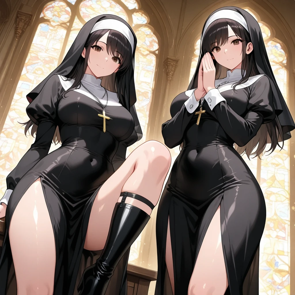 long dark hair / big tits / brown eye /  nun outfit . nude tits