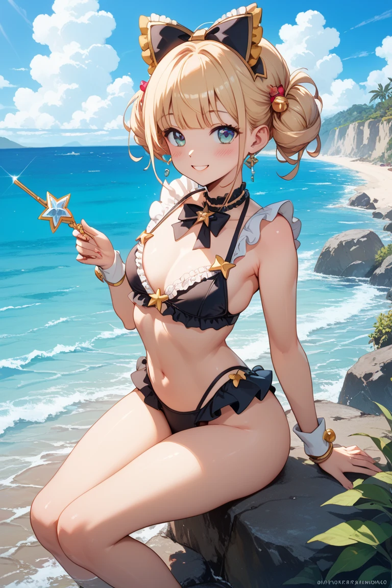 (((magic circle)))、pubic hair、Ocean、sun、white bikini、Beautiful female magician、blonde updo、((whole body))、(((photo taken from below)))