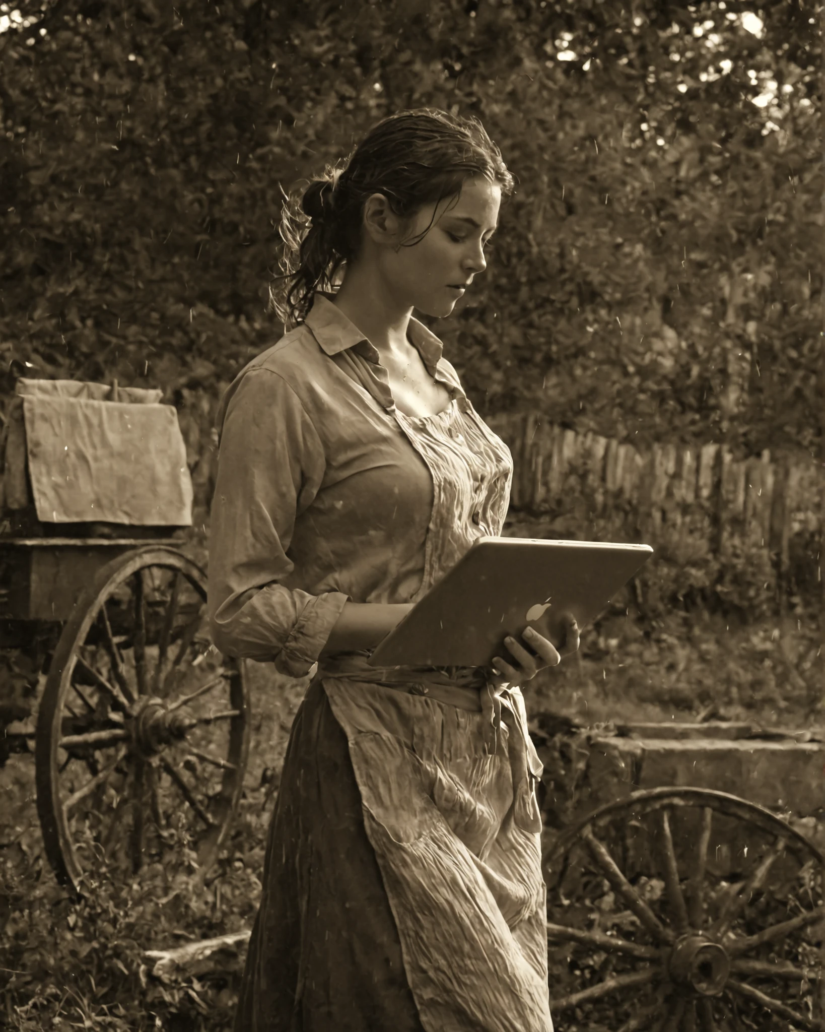 Main subject: modern young adult woman holding a MacBook (sharp modern laptop emphasized and (sub-monitor)), casual outfit with subtle frontier touches (faded kerchief, light apron edge), slightly sheer work-style unbuttoned blouse with rolled-up sleeves and loosely tied bodice suggesting movement and soft curves, (wet breasts), skirt allowing motion, relaxed thoughtful expression, looking off-camera. Contemporary look preserved but textures echo period fabrics.

Setting: late 19th century American frontier homestead, vintage silver gelatin print style—sepia tone, faded earthy colors, heavy film grain, scratches and creased edges, soft vignetting, slight blur, high contrast, golden hour rim light. Dense rustic elements: weathered fence, wagon wheel, cast-iron pot, hanging herbs, dried corn, quilts, wooden buckets, faded photos, rolling prairie, distant wagon. Background softly out of focus for depth. Natural skin sheen aged to analog texture, light leaks, fine scratches, subtle exposure irregularities. Nostalgic overlap of past and present, no explicit content.
