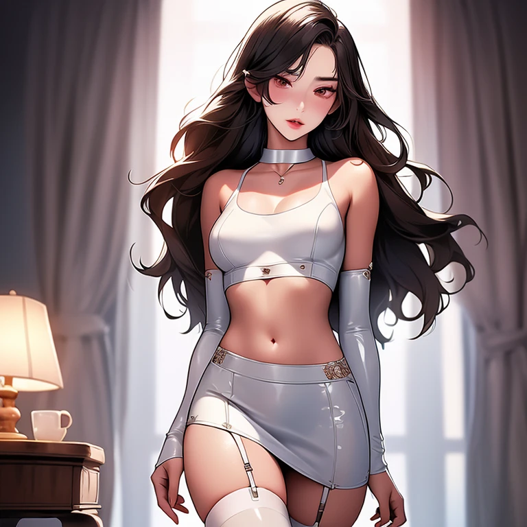 popular long dark hair young woman, thin, ((transparent very short croptop)),  (((bare  hips))), (((bare pussy))), ((black slik stockings)), light makeup, black choker colar, silver earring, silver, silver number piercing, gentle smile, apparent nipples, sweat detailled skin, perfect face, bare arms