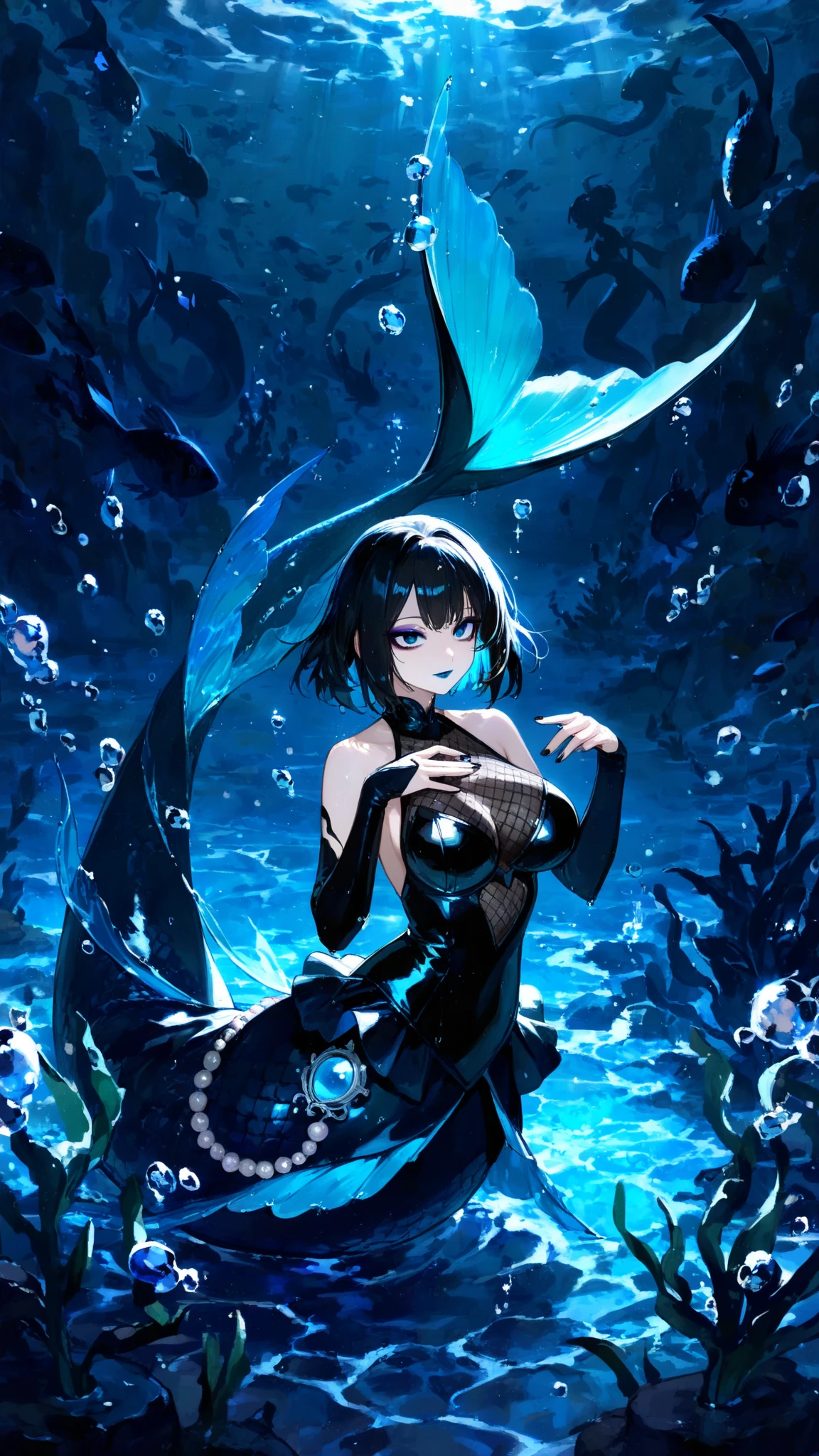 Scenery under the sea , , dark blue, and short light blue hair, mourning ,floating, water chain links bind your wrists, blue fur, blue dress.  Hands chained, liquid water handles. aile