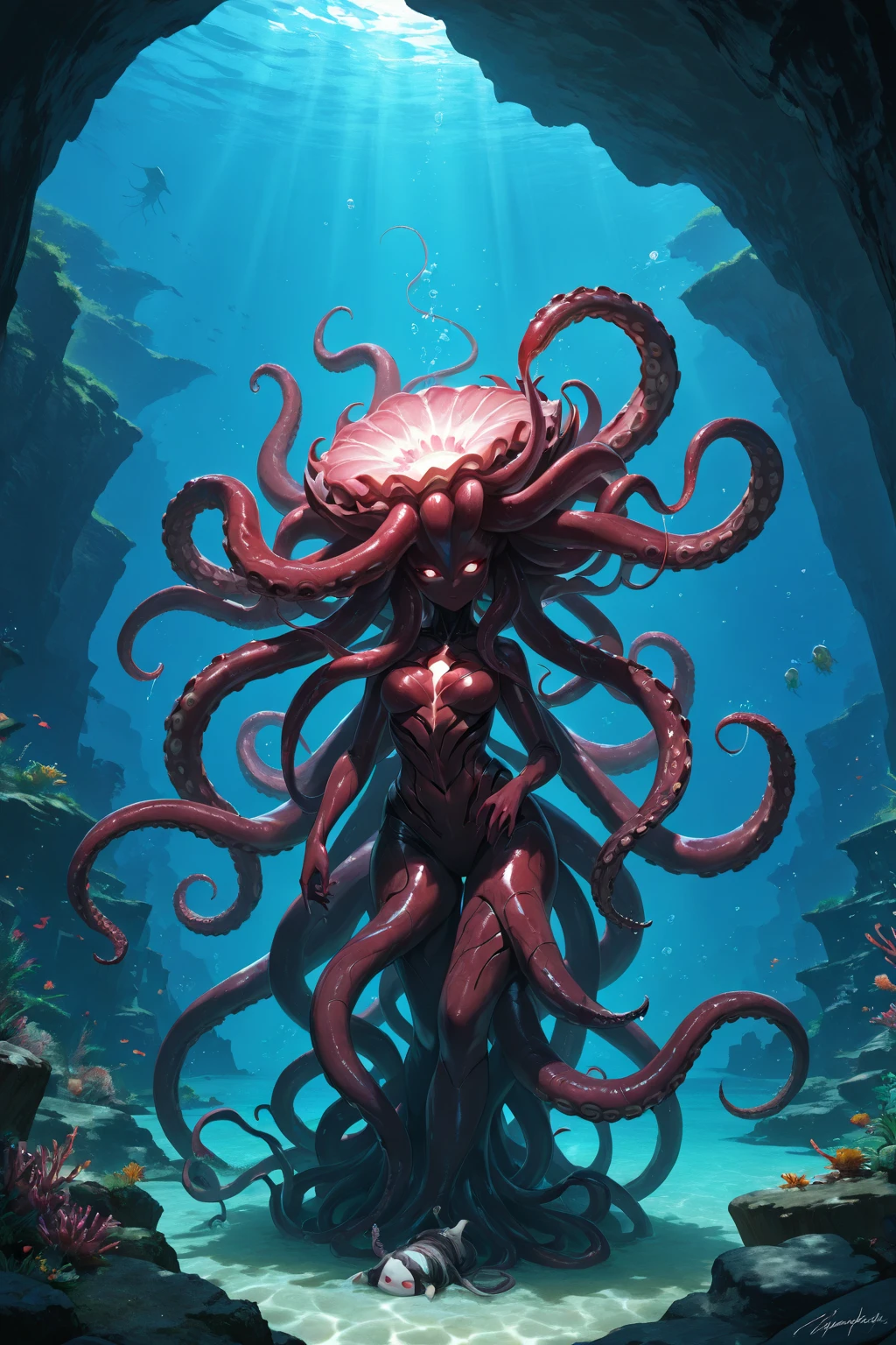 a girl, (tentacle hair:1.5), (green skin:1.3), red eyes, wearing a hoodie and blue jeans, and high-heeled boots, the wind blowing through her tentacles, giving them a natural-looking movement. She has a confident expression on her face, anime style, bright eyes, epic, perfect body, mystical, angry-looking.