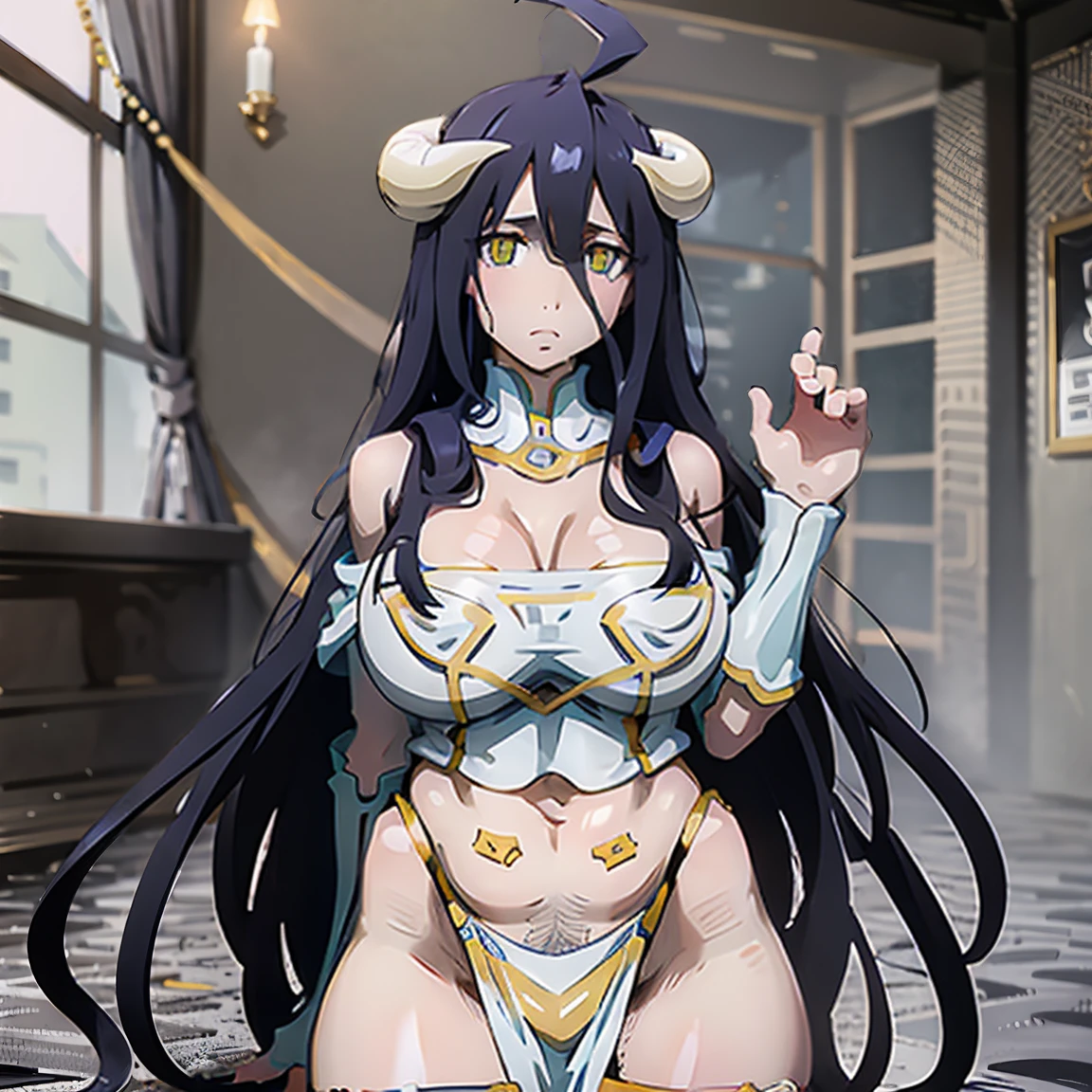 masterpiece, best quality, 1 Girl, Shuri MS, Hair Horn, Colorful hair, Bangs,Sadistic smile, Attractive appearance, 身穿Corset,Squat,sit down,Legs apart,Showing breasts,Exposing the belly,Corset,Naked body,Kneel down,Soaked,Milky white liquid flows to the ground,Huge bust