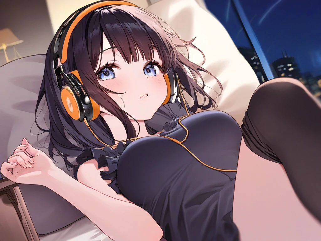 Girl with headphones enjoying music in a home　I am studying　Emphasize a little bit of the big chest　Looking towards me with eyes closed　Night Background