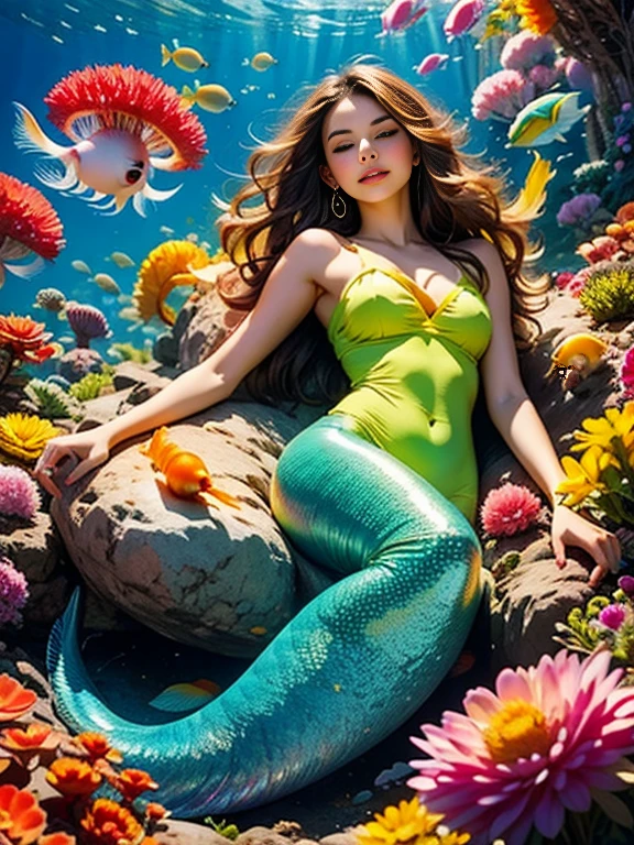 Yellow mermaid, mermaid tail below waistline, ((best quality, 8k, masterpiece :1.3)), 1 girl, smiling, whole body, face slimming, pretty Woman, (Dark brown hair), africa girl, large breasts, underwater sea,