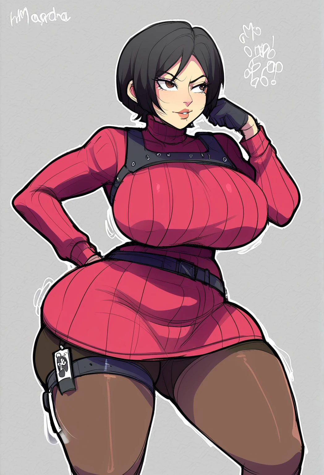 una caricatura de una mujer con un vestido rojo y un bocadillo sobre su cabeza, oppai, Proporciones de Oppai, pechos grandes!!, con pechos grandes, pechos grandes!, en vestido, grueso, succubus in short tight dress, chica anime seductora, Tracer in a tight dress., escote, pechos grandes, con pechos grandes