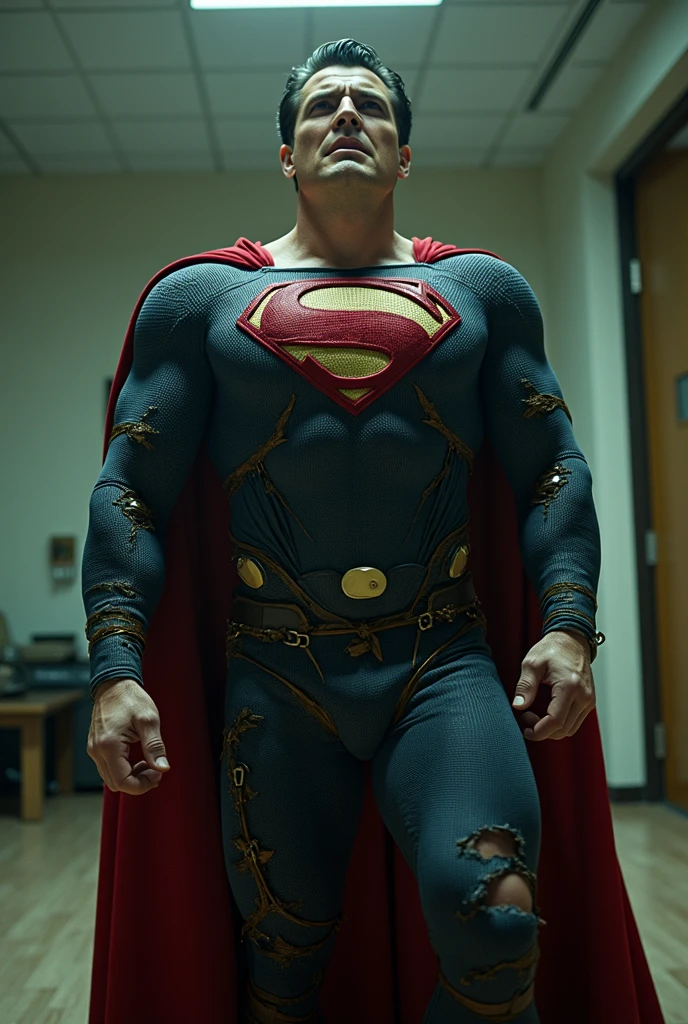 ((melhor qualidade)), ((Obra de arte)), (detalhado), an image of a superhero resembling Superman but with a blue-themed suit and a red cape, standing inside a courtroom. The superhero has a strong, confident posture, a muscular build, and a calm yet determined expression on his face. He is not wearing a mask, but his forehead are covered, revealing his well-groomed, short-cropped hair. His suit is primarily blue, with a bold emblem on his chest, and he wears red boots and a red cape flowing behind him. He is engaged in a conversation with a bold man judge seated behind a large wooden bench.