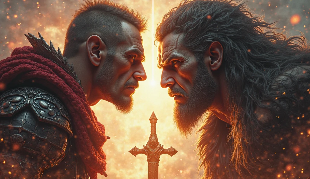 a full scene portrait of a toxic laughing muscled viking god and a devil demon angry giant, looking at each other, last battle elder, epic realistic, faded, (((hdr))), hyperdetailed, cinematic, warm lights, intricate details, muscle, low angle shot, wide angle view