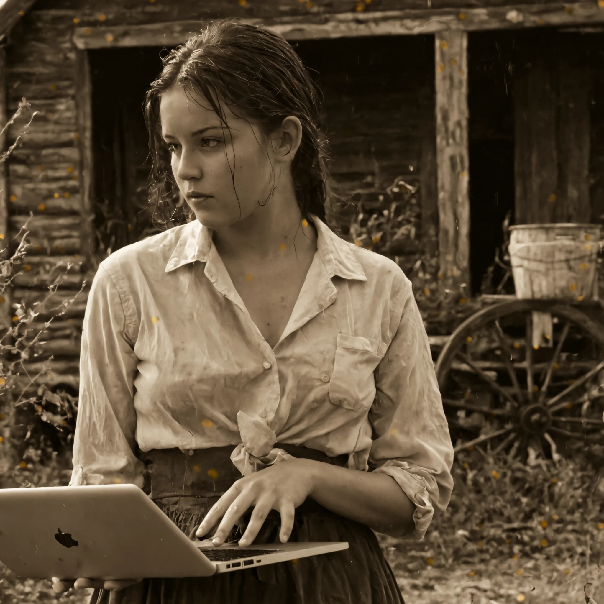 Main subject: modern young adult woman holding a MacBook (sharp modern laptop emphasized) and ((sub-monitor)), casual outfit with subtle frontier touches (faded kerchief, light apron edge), slightly sheer work-style unbuttoned blouse with rolled-up sleeves and loosely tied bodice suggesting movement and soft curves, (wet breasts), skirt allowing motion, relaxed thoughtful expression, looking off-camera. Contemporary look preserved but textures echo period fabrics.
Setting: late 19th century American frontier homestead, vintage silver gelatin print style—sepia tone, faded earthy colors, heavy film grain, scratches and creased edges, soft vignetting, slight blur, high contrast, golden hour rim light. Dense rustic elements: weathered fence, wagon wheel, cast-iron pot, hanging herbs, dried corn, quilts, wooden buckets, faded photos, rolling prairie, distant wagon. Background softly out of focus for depth. Natural skin sheen aged to analog texture, light leaks, fine scratches, subtle exposure irregularities. Nostalgic overlap of past and present, no explicit content.