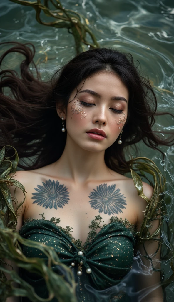 nude girl art, Full tattoo, (Masterpiece, Top quality, Best quality, Official art, Beautiful and aesthetic: 1.2), (1 flower), full body, Extremely detailed, (Fractal art: 1.3), Colorful, More detailed , “ Best Quality”, “Masterpiece, slight smile, open legs, view of pubic hair, 1 sexy girl in transparent forest clothes, exposed breasts, open transparent t-shirt, tattoos of mandalas and flowers, Best quality, black hair fused into the flow of water, naked girl, beautiful visible pubic area, small breasts visible, pond of water in the garden, tattoos of mandalas and flowers on the naked body, old floating clock, lamp, lantern, skin wet with water, ( (floating bed in pond)), ((beautiful girl lying in bed)), fantasy, view from above, legs open, crystal clear water showing stone bottom, (((girl sleeping in bed, floating bed in pond water))), lotus flower, lotus flowers, realistic oil painting, visible pencil drawing strokes, closed eyes with long eyelashes, magical princess dream, night light with lamps, wlop artistic style,